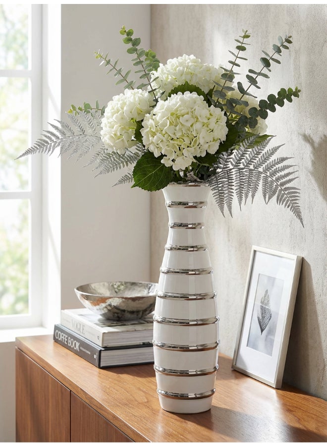 ايست من نون Ceramic Vase for Floral Decorative arrangement, Ht-40 cm |  Silver White Color | Ribbed Rays Design | Size -9.5x9.5x40.2 cm | Perfect for decorativing your living room, Ideal for decorating coffee table, dinning table, console table or any office or living space - Image 1